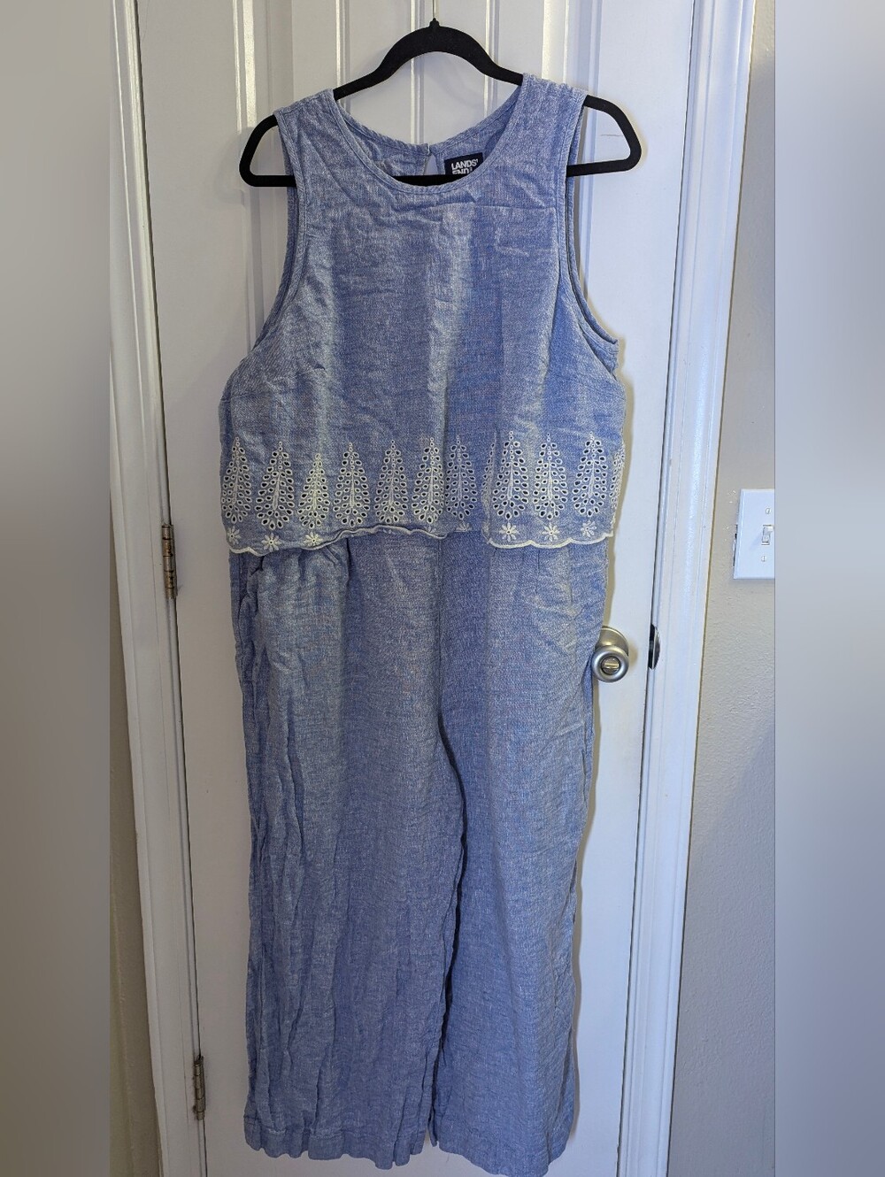 Lands' End Blue Embroidered Sleeveless Jumpsuit